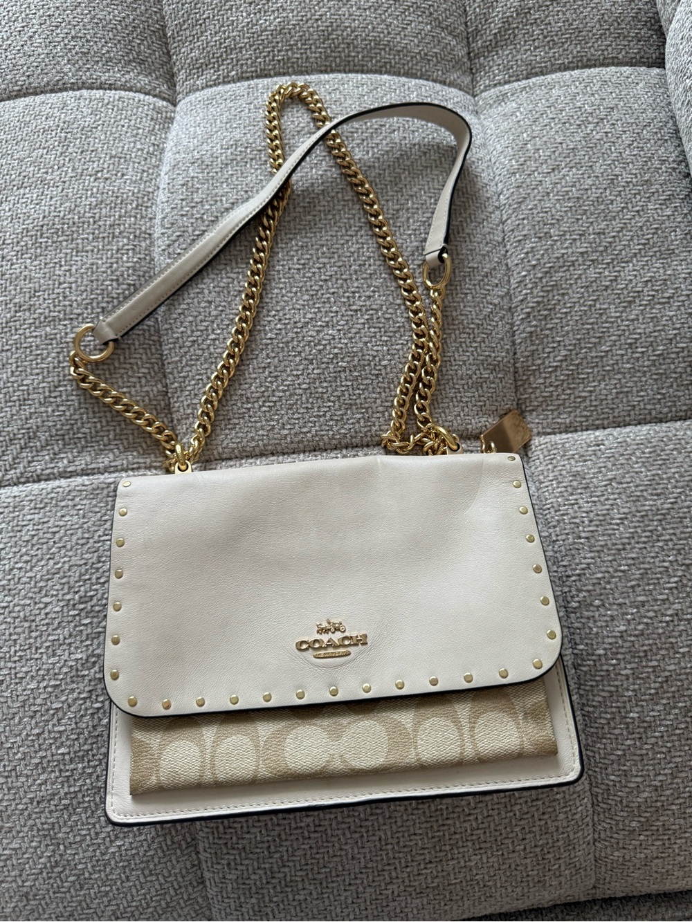 Coach Cream Leather & Signature Canvas Chain Crossbody Bag